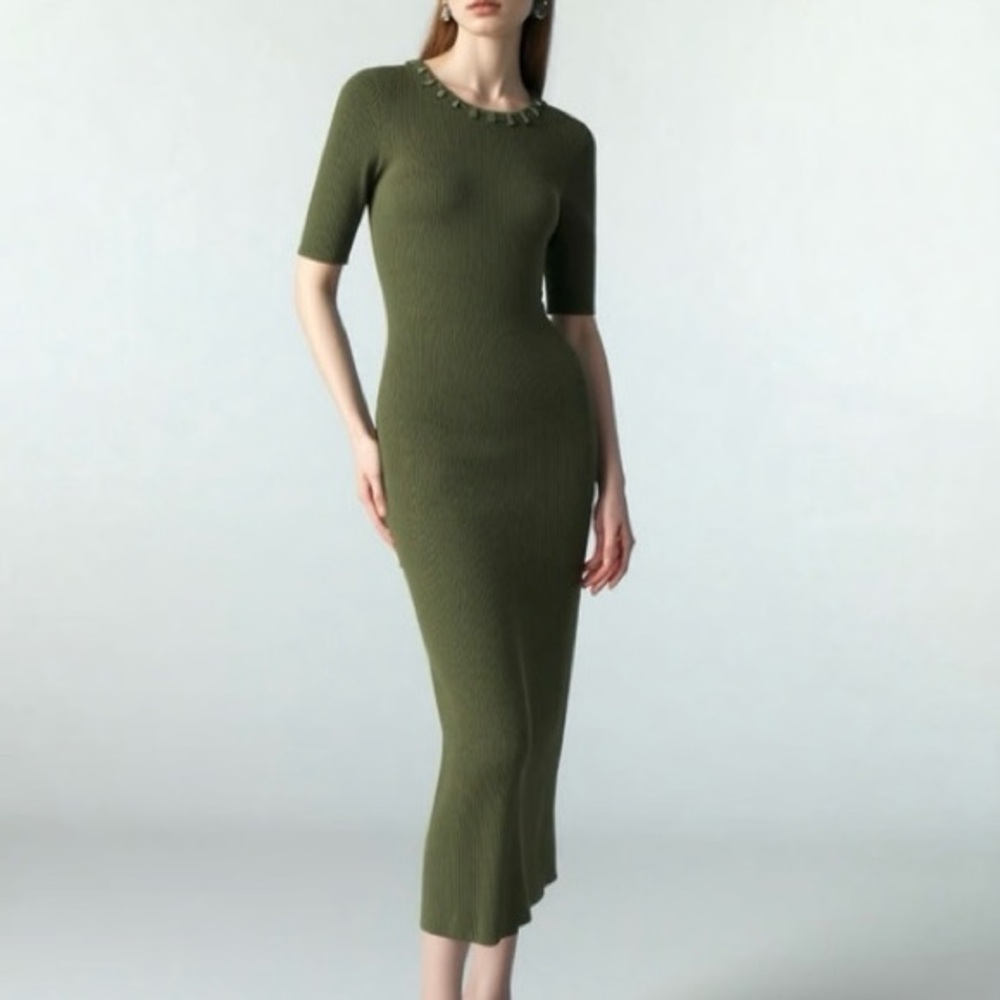 Camila Coelho NWT Ribbed Knit Midi Dress Bodycon Stretch Short Sleeves Revolve